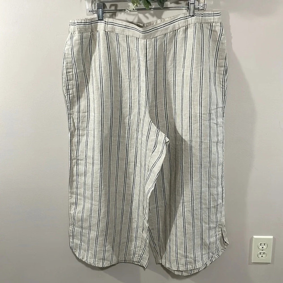 NWOT Coldwater Creek 100% Linen Pull On Wide Leg Crop Pants Striped L - Picture 1 of 15